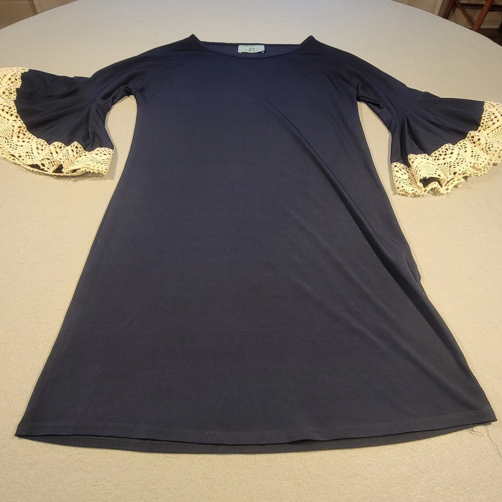 Judith March Dress Bell Sleeve Crochet Trim Shift Knit Women's Large Navy Cream